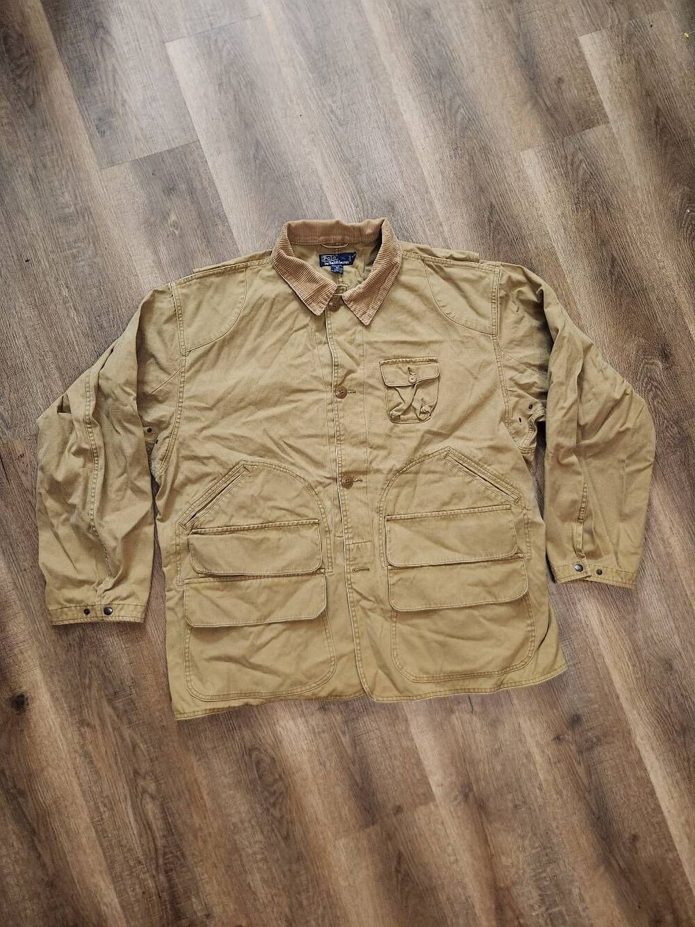 Polo Ralph Lauren Vintage Safari Jacket Mens XL Tan Canvas Corduroy Collar Coat*